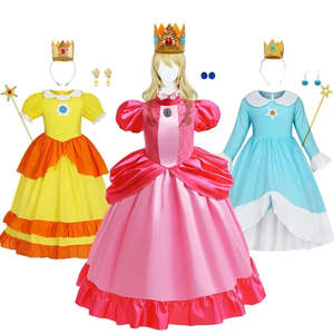Robe de princesse Rosalina Peach Daisy pour enfants, robe de bal formelle en satin, col rond, motif brodé, paillettes, rubans, perles - Product Image 1
