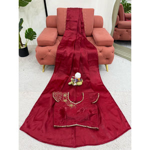 Sari de seda Jimmy Chu con acabado liso y blusa hecha a mano Conjunto de Sari ligero elegante para mujer Blusa sin costuras - Product Image 1