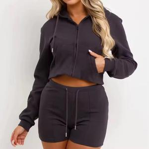 Custom Logo Winter Solid 100% Cotton Crop <b>Top</b> Hoodie Short Set Women Zipper Biker 2 Piece Jogger Set - Product Image 3