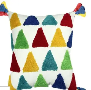 三角形のデザイン手房状綿100% クッションカバー卸売非常に柔らかい質感マルチカラータッセル枕カバー