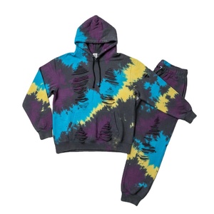 Tie Dye Ripped Hoodie + Conjunto de pantalones de chándal Custom Graffiti Splatter Washed Chándal para hombres Custom Bulk Suppler - Product Image 4