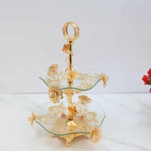 High Standard Crystal <b>Glass</b> Gold Desert Metal Luxury Home Decors 2 Tiered Dry Fruits And Chocolates Tray - Product Image 1