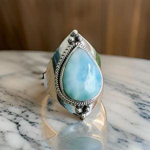 Hermoso diseño Natural Larimar 925 plata esterlina forma de pera hecho a mano oxidado estilo bohemio moda mujer anillo de compromiso - Product Image 2
