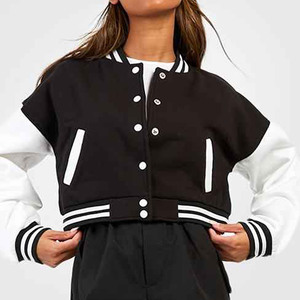 Veste de baseball pour femme de haute qualité 2024, style hip-hop, en laine, manches en cuir, col en tricot élastique, broderie, patch, lettre, varsity - Product Image 1