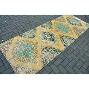 3.2x8.6 ft Vintage Rug, Turkish Runner Rug, <b>Yellow</b> Green Plants & trees Rug - Product Image 2