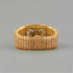 Fancy Intense Yellow Color Round Cut Moissanite Studded <b>Rectangular</b> Skeleton Dial Automatic Japan Movement Hip Hop <b>Watch</b> - Product Image 2