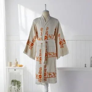 Bata de baño unisex de algodón de lujo con estampado de bloques, ligera, de lino tejido, transpirable, para primavera, verano y todo el año, ropa de dormir y de descanso. - Product Image 2