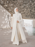 Ensemble 2 pièces en maille côtelée blanc nacré personnalisé ODM/OEM : Longue veste cardigan et pantalon large – Tenue modeste style Abou Dhabi – Vente en gros