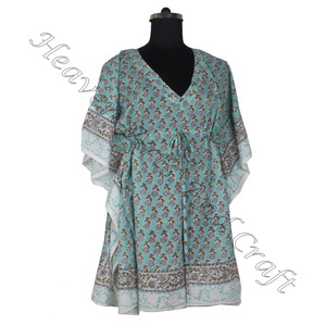 100% coton femmes vêtements de nuit main bloc imprimé caftan robe KFCS028 poids léger femmes décontracté Occasion porter courte Caftan robe - Product Image 5