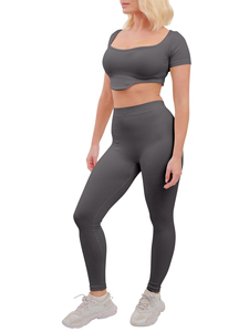 <b>Women</b> Ribbed High Waist <b>Leggings</b> <b>Crop</b> Top Seamless Stretch Tracksuit Gym Set Seamless in Stock Fitness Wear Breathable OEM - Product Image 5