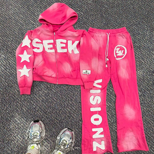 Personnalisé Délavé Vintage Broderie Soleil Décoloré Full Zip up Hoodies Survêtements Hommes Pantalon de Survêtement Évasé Ensemble de Sweat à Capuche de haute qualité - Product Image 1