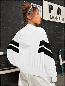 <b>White</b> Hooded Cropped <b>Jacket</b> <b>Women</b> Zip Up Long Sleeve Windbreaker Oversized Streetwear Outerwear - Product Image 2