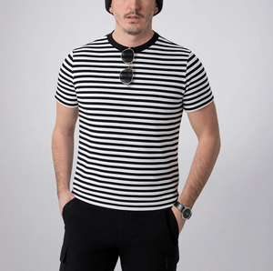 OEM Made Men's Stripe <b>Yarn</b> Dyed T-shirt O-Neck 180 GSM Lightweight Knitted <b>100</b>% Cotton Customizable Logo Labels Regular Fit - Product Image 1