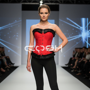 Corset de mode Halloween en satin rouge, style bustier, avec détail de volants en dentelle noire - Product Image 4
