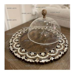 Premium Quality Round Shape Cake Server With Lid Wood And <b>MOP</b> Work Cake Server With Glass Lid <b>For</b> <b>Sale</b> - Product Image 5