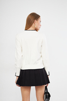 Damen Weiße Strickjacke mit Schwarzer Einfassung V-Ausschnitt Langarm Klassischer Stil Knopfleiste Vorne