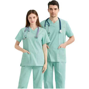 Conjunto de uniforme médico de enfermería para hombres y mujeres, Top y pantalones bordados hechos de tela de punto - Product Image 1