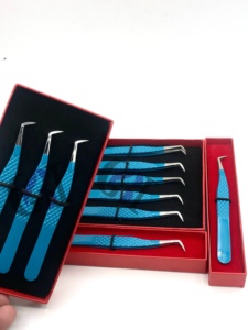 Ensemble de pinces à cils en acier inoxydable de précision, pointe lisse bleue, 10 mm, emballage en boîte - Product Image 5