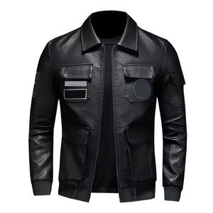 Blouson d'hiver élégant à col montant pour hommes, blouson d'hiver avec broderie et fermeture à glissière, blouson de moto noir - Product Image 4