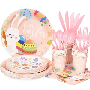 Happy Easter Party Supplies Kit Easter Disposable Dinnerware Paper Dinner Plates Napkins Cups For Easter Party Decorations