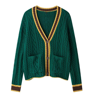 Cárdigan de punto de algodón a rayas Varsity personalizado de alta calidad para mujer cuello en V Logotipo de invierno suéter botón letras griegas estilo Casual - Product Image 1