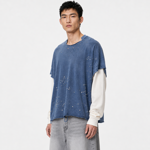 <span class=keywords><strong>T</strong></span>-<span class=keywords><strong>shirt</strong></span> da uomo personalizzata <span class=keywords><strong>vintage</strong></span> lavata a strati, 100% cotone, effetto distressed, spalle scese, oversize, a maniche lunghe, stile streetwear - Product Image 2