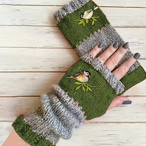 Fashion Women Bird Embroidery Knit Breathable Polyester Outdoor Half <b>Finger</b> Patchwork for Screen Winter Warm Mittens - Product Image 3
