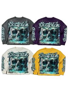 Camiseta de manga larga de doble capa con estampado gráfico DTG para hombre, con pedrería, corte holgado, de algodón grueso, estilo streetwear. - Product Image 1