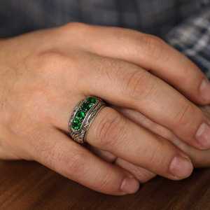 925 Sterling <b>Silver</b> Four-Row Men's Cluster <b>Ring</b> <b>Emerald</b> Green Natural Stone Geometric Pattern Everyday Wear - Product Image 1