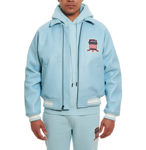 Best Selling Avirex <b>Men's</b> Custom Size <b>Leather</b> <b>Jacket</b> in Blue Stand Collar High Street Style <b>Leather</b> <b>Jacket</b> - Product Image 3