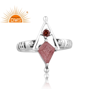 Best Selling Oxidized Sterling Silver Natural <b>Garnet</b> & Strawberry Quartz Gemstone Statement <b>Ring</b> Custom Jewelry For Women - Product Image 2