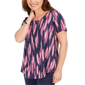 JM Collection Haut imprimé respirant à manches courtes pour femme, bleu marine, plusieurs tailles, taille moyenne - Product Image 1