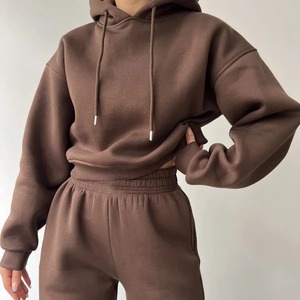 Custom 100% Organic Cotton Fleece Pullover Oversize Hoodies Women's Sets Wholesale Two Piece <b>Crop</b> Top Sweat Pants <b>Jogger</b> Set - Product Image 3