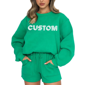 2025 vente en gros deux pièces sweats ensemble brodé pantalons de survêtement pull personnalisé surdimensionné sweat pantalon court ensemble - Product Image 3