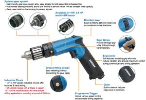 Perceuse pneumatique industrielle 0,4 CV non réversible, personnalisable OEM, capacité de mandrin 1/4 po, broche 3/8-24 - Product Image 3