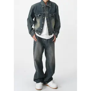 अनुकूलित फ़ैक्टरी पुरुषों के स्प्रिंग कैज़ुअल डेनिम पतलून कोट जैकेट सूट कोरियाई शैली रेट्रो पुरुषों के आकार