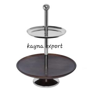 Hot Selling <b>Cake</b> <b>Stand</b> Custom Made 2-<b>Tier</b> Round Cupcake <b>Stand</b> Fancy Natural Wood with Stainless Steel for Wedding Decorations - Product Image 1