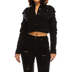 Women's <b>Cropped</b> Trucker <b>Jacket</b> Black Long Sleeve Button Front Solid Color Turn-down Collar Full Sleeve Casual Autumn Wear - Product Image 5