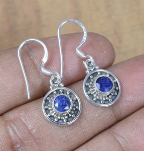 Boucles d'oreilles mode saphir bleu 925 argent Sterling pierres précieuses crochet boucle d'oreille bijoux faits à la main forme ronde cadeau pour noël - Product Image 5