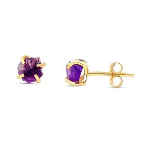 5-7mm Genuine Raw <b>Amethyst</b> Gemstone <b>Stud</b> <b>Earrings</b> Classic Style 925 Sterling Silver Jewelry Gold Finish February Birthstone Gift - Product Image 1