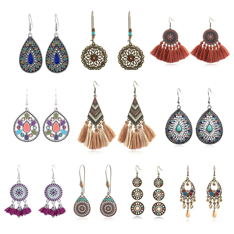 Retro ethnic style oil drop earrings cross-border Amazon best-selling set water drop hollow flower stainless steel earrings