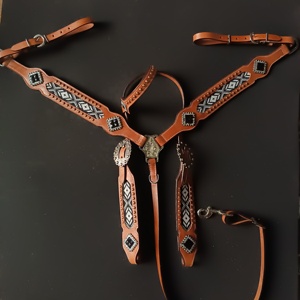 Handmade Genuine <b>Leather</b> Western Beaded Headstall With Hand <b>Tooled</b> <b>Work</b> Top Indian Supplier Manufacturer Saman Exports - Product Image 4