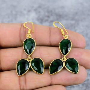 925ลูกแพร์พลอยสามเม็ดชุบทองสเตอร์ลิงต่างหูห้อยทำด้วยมือสำหรับผู้หญิงของขวัญสำหรับเธอ - Product Image 2