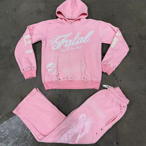 100% coton personnalisé en détresse broderie survêtement Vintage lavé soleil délavé à capuche ensemble pour hommes deux pièces poids lourd imprimé - Product Image 1