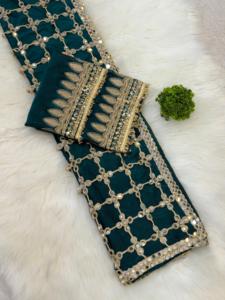 Sari de seda Fandy de diseño para fiestas con bordado de espejos auténticos y ribete de encaje, con pieza de blusa de seda Fandy sin coser. - Product Image 6
