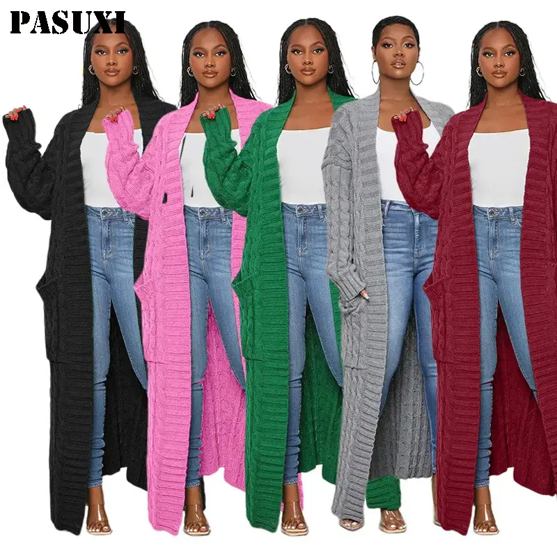 PASUXI Herbst Damen langer Damen-V-Ausschnitt Taschen Oberteil gestrickter Mantel Pullover Twist gestrickter Karden