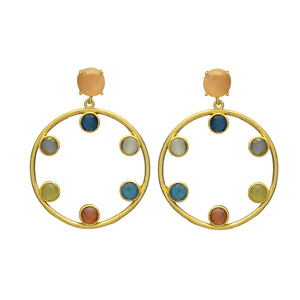 Boucles d'oreilles créoles multi-pierres pêche calcédoine, boucles d'oreilles plaquées or pour femme et filles, nouveauté - Product Image 1