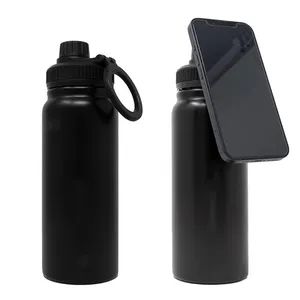 Botella de agua con tapa magnética, soporte para teléfono, deportes al vacío, Magsafe botella de agua, frasco para gimnasio, parte superior con imán, soporte de montaje para teléfono móvil