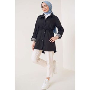 Gabardina larga negra para mujer, cintura con cordón y cremallera, algodón vaquero de cuero personalizado para uso en primavera y otoño con estampado - Product Image 1