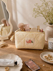 Borsa per il Trucco con Striscia Gialla e Logo Personalizzato, Pochette Cosmetica Trapuntata, Beauty <span class=keywords><strong>Case</strong></span> OEM, Etichetta Privata ODM - Product Image 1